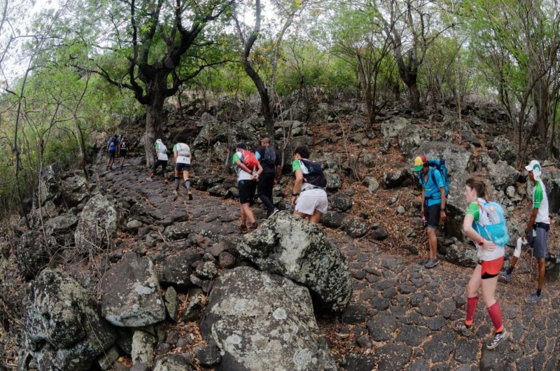 Les traileurs de la Mascareignes, course du Grand Raid, sur le chemin des Anglais qui monte jusqu'au Colorado, derniere etape avant l'arrivee. Mascarene trailers, race of the Grand Raid, on the "path of the English" who goes up to Colorado, last stage before the arrival.