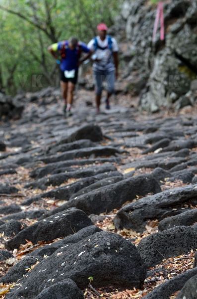 Les traileurs de la Mascareignes, course du Grand Raid, sur le chemin des Anglais qui monte jusqu'au Colorado, derniere etape avant l'arrivee. Mascarene trailers, race of the Grand Raid, on the "path of the English" who goes up to Colorado, last stage before the arrival.
