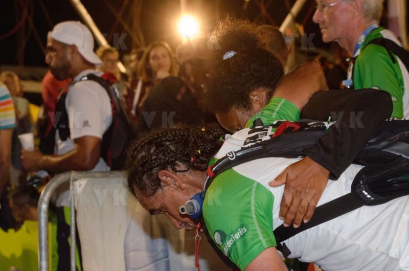 Les traileurs de la Mascareignes, course du Grand Raid, a l'arrivee au stade de la Redoute, Saint-Denis. Mascarene trailers, race of the Grand Raid, at the arrival, la Redoute stadium, Saint-Denis town.