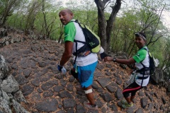 Les traileurs de la Mascareignes, course du Grand Raid, sur le chemin des Anglais qui monte jusqu'au Colorado, derniere etape avant l'arrivee. Mascarene trailers, race of the Grand Raid, on the "path of the English" who goes up to Colorado, last stage before the arrival.