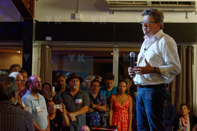 Jean-Luc Melenchon, chef de file de la France Insoumise, accompagne par les deputes Mathilde Panot et Daniele Obono, a tenu une reunion publique au restaurant La Cocoteraie a Saint-Andre, devant plus de 500 personnes et en presence des deputes reunionnais Jean-Hugues Ratenon et Younous Omarjee. Jean-Luc Melenchon, leader of France Insoumise, accompanied by the deputies Mathilde Panot and Daniele Obono, held a public meeting at the restaurant La Cocoteraie in Saint-Andre, in front of more than 500 people and with the deputies Jean- Hugues Ratenon and Younous Omarjee from La Reunion.