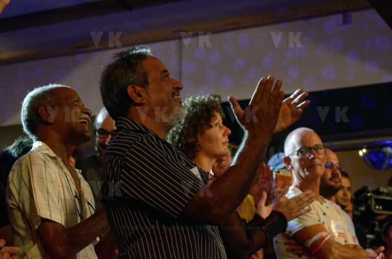 Jean-Luc Melenchon, chef de file de la France Insoumise, accompagne par les deputes Mathilde Panot et Daniele Obono, a tenu une reunion publique au restaurant La Cocoteraie a Saint-Andre, devant plus de 500 personnes et en presence des deputes reunionnais Jean-Hugues Ratenon et Younous Omarjee. Jean-Luc Melenchon, leader of France Insoumise, accompanied by the deputies Mathilde Panot and Daniele Obono, held a public meeting at the restaurant La Cocoteraie in Saint-Andre, in front of more than 500 people and with the deputies Jean- Hugues Ratenon and Younous Omarjee from La Reunion.