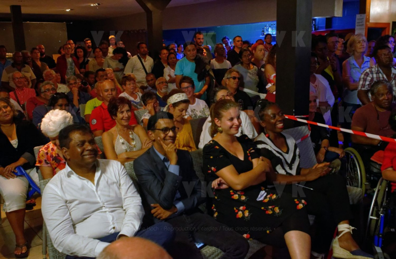 Jean-Luc Melenchon, chef de file de la France Insoumise, accompagne par les deputes Mathilde Panot et Daniele Obono, a tenu une reunion publique au restaurant La Cocoteraie a Saint-Andre, devant plus de 500 personnes et en presence des deputes reunionnais Jean-Hugues Ratenon et Younous Omarjee. Jean-Luc Melenchon, leader of France Insoumise, accompanied by the deputies Mathilde Panot and Daniele Obono, held a public meeting at the restaurant La Cocoteraie in Saint-Andre, in front of more than 500 people and with the deputies Jean- Hugues Ratenon and Younous Omarjee from La Reunion.