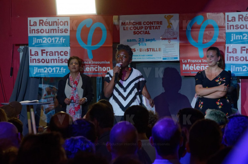 Jean-Luc Melenchon, chef de file de la France Insoumise, accompagne par les deputes Mathilde Panot et Daniele Obono, a tenu une reunion publique au restaurant La Cocoteraie a Saint-Andre, devant plus de 500 personnes et en presence des deputes reunionnais Jean-Hugues Ratenon et Younous Omarjee. Jean-Luc Melenchon, leader of France Insoumise, accompanied by the deputies Mathilde Panot and Daniele Obono, held a public meeting at the restaurant La Cocoteraie in Saint-Andre, in front of more than 500 people and with the deputies Jean- Hugues Ratenon and Younous Omarjee from La Reunion.