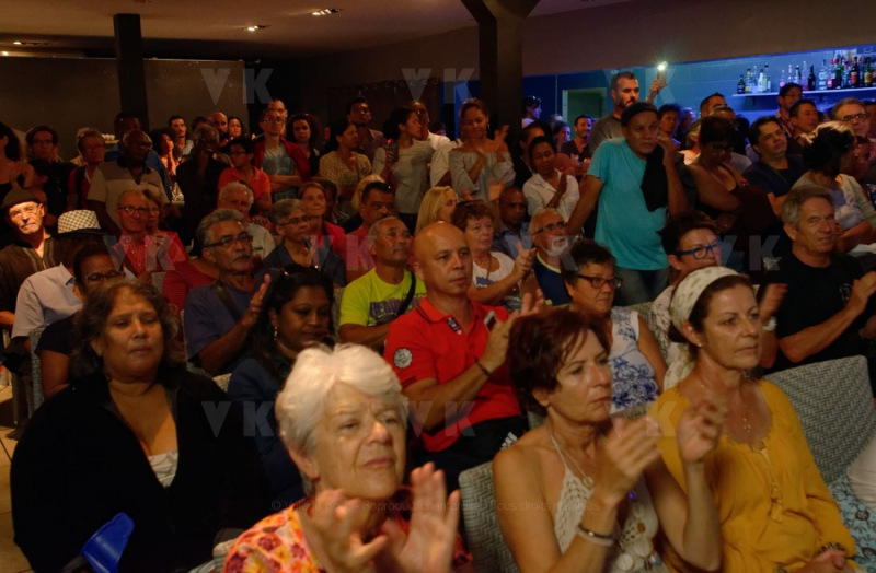 Jean-Luc Melenchon, chef de file de la France Insoumise, accompagne par les deputes Mathilde Panot et Daniele Obono, a tenu une reunion publique au restaurant La Cocoteraie a Saint-Andre, devant plus de 500 personnes et en presence des deputes reunionnais Jean-Hugues Ratenon et Younous Omarjee. Jean-Luc Melenchon, leader of France Insoumise, accompanied by the deputies Mathilde Panot and Daniele Obono, held a public meeting at the restaurant La Cocoteraie in Saint-Andre, in front of more than 500 people and with the deputies Jean- Hugues Ratenon and Younous Omarjee from La Reunion.
