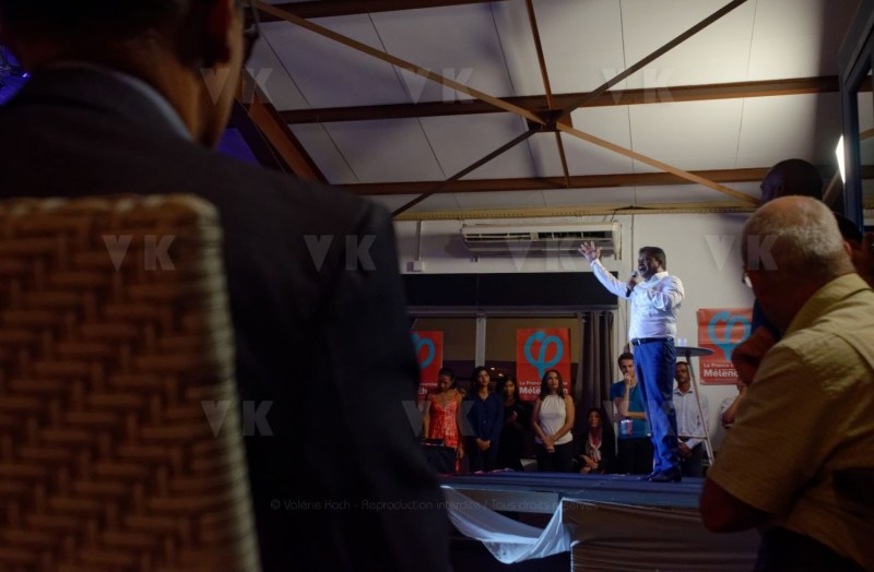 Jean-Luc Melenchon, chef de file de la France Insoumise, accompagne par les deputes Mathilde Panot et Daniele Obono, a tenu une reunion publique au restaurant La Cocoteraie a Saint-Andre, devant plus de 500 personnes et en presence des deputes reunionnais Jean-Hugues Ratenon et Younous Omarjee. Jean-Luc Melenchon, leader of France Insoumise, accompanied by the deputies Mathilde Panot and Daniele Obono, held a public meeting at the restaurant La Cocoteraie in Saint-Andre, in front of more than 500 people and with the deputies Jean- Hugues Ratenon and Younous Omarjee from La Reunion.