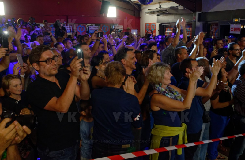 Jean-Luc Melenchon, chef de file de la France Insoumise, accompagne par les deputes Mathilde Panot et Daniele Obono, a tenu une reunion publique au restaurant La Cocoteraie a Saint-Andre, devant plus de 500 personnes et en presence des deputes reunionnais Jean-Hugues Ratenon et Younous Omarjee. Jean-Luc Melenchon, leader of France Insoumise, accompanied by the deputies Mathilde Panot and Daniele Obono, held a public meeting at the restaurant La Cocoteraie in Saint-Andre, in front of more than 500 people and with the deputies Jean- Hugues Ratenon and Younous Omarjee from La Reunion.