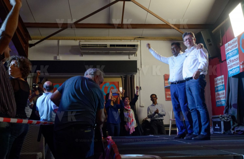 Jean-Luc Melenchon, chef de file de la France Insoumise, accompagne par les deputes Mathilde Panot et Daniele Obono, a tenu une reunion publique au restaurant La Cocoteraie a Saint-Andre, devant plus de 500 personnes et en presence des deputes reunionnais Jean-Hugues Ratenon et Younous Omarjee. Jean-Luc Melenchon, leader of France Insoumise, accompanied by the deputies Mathilde Panot and Daniele Obono, held a public meeting at the restaurant La Cocoteraie in Saint-Andre, in front of more than 500 people and with the deputies Jean- Hugues Ratenon and Younous Omarjee from La Reunion.