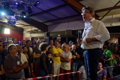Jean-Luc Melenchon, chef de file de la France Insoumise, accompagne par les deputes Mathilde Panot et Daniele Obono, a tenu une reunion publique au restaurant La Cocoteraie a Saint-Andre, devant plus de 500 personnes et en presence des deputes reunionnais Jean-Hugues Ratenon et Younous Omarjee. Jean-Luc Melenchon, leader of France Insoumise, accompanied by the deputies Mathilde Panot and Daniele Obono, held a public meeting at the restaurant La Cocoteraie in Saint-Andre, in front of more than 500 people and with the deputies Jean- Hugues Ratenon and Younous Omarjee from La Reunion.