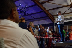 Jean-Luc Melenchon, chef de file de la France Insoumise, accompagne par les deputes Mathilde Panot et Daniele Obono, a tenu une reunion publique au restaurant La Cocoteraie a Saint-Andre, devant plus de 500 personnes et en presence des deputes reunionnais Jean-Hugues Ratenon et Younous Omarjee. Jean-Luc Melenchon, leader of France Insoumise, accompanied by the deputies Mathilde Panot and Daniele Obono, held a public meeting at the restaurant La Cocoteraie in Saint-Andre, in front of more than 500 people and with the deputies Jean- Hugues Ratenon and Younous Omarjee from La Reunion.