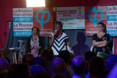 Jean-Luc Melenchon, chef de file de la France Insoumise, accompagne par les deputes Mathilde Panot et Daniele Obono, a tenu une reunion publique au restaurant La Cocoteraie a Saint-Andre, devant plus de 500 personnes et en presence des deputes reunionnais Jean-Hugues Ratenon et Younous Omarjee. Jean-Luc Melenchon, leader of France Insoumise, accompanied by the deputies Mathilde Panot and Daniele Obono, held a public meeting at the restaurant La Cocoteraie in Saint-Andre, in front of more than 500 people and with the deputies Jean- Hugues Ratenon and Younous Omarjee from La Reunion.