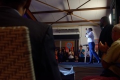 Jean-Luc Melenchon, chef de file de la France Insoumise, accompagne par les deputes Mathilde Panot et Daniele Obono, a tenu une reunion publique au restaurant La Cocoteraie a Saint-Andre, devant plus de 500 personnes et en presence des deputes reunionnais Jean-Hugues Ratenon et Younous Omarjee. Jean-Luc Melenchon, leader of France Insoumise, accompanied by the deputies Mathilde Panot and Daniele Obono, held a public meeting at the restaurant La Cocoteraie in Saint-Andre, in front of more than 500 people and with the deputies Jean- Hugues Ratenon and Younous Omarjee from La Reunion.