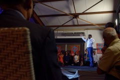 Jean-Luc Melenchon, chef de file de la France Insoumise, accompagne par les deputes Mathilde Panot et Daniele Obono, a tenu une reunion publique au restaurant La Cocoteraie a Saint-Andre, devant plus de 500 personnes et en presence des deputes reunionnais Jean-Hugues Ratenon et Younous Omarjee. Jean-Luc Melenchon, leader of France Insoumise, accompanied by the deputies Mathilde Panot and Daniele Obono, held a public meeting at the restaurant La Cocoteraie in Saint-Andre, in front of more than 500 people and with the deputies Jean- Hugues Ratenon and Younous Omarjee from La Reunion.