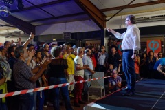 Jean-Luc Melenchon, chef de file de la France Insoumise, accompagne par les deputes Mathilde Panot et Daniele Obono, a tenu une reunion publique au restaurant La Cocoteraie a Saint-Andre, devant plus de 500 personnes et en presence des deputes reunionnais Jean-Hugues Ratenon et Younous Omarjee. Jean-Luc Melenchon, leader of France Insoumise, accompanied by the deputies Mathilde Panot and Daniele Obono, held a public meeting at the restaurant La Cocoteraie in Saint-Andre, in front of more than 500 people and with the deputies Jean- Hugues Ratenon and Younous Omarjee from La Reunion.
