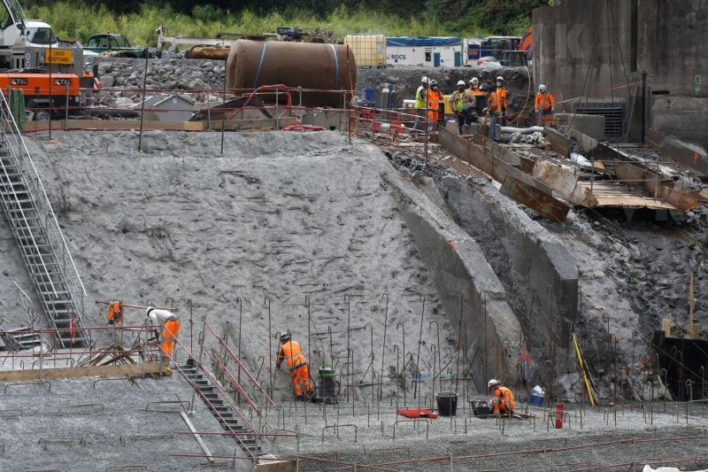 Chantier du barrage du Bras de la Plaine, avec Berangere Abba, secretaire d'Etat chargee de la biodiversite aupres de la ministre de la transition ecologique. Bras de la Plaine dam construction site, with Berangere Abba, State Secretary in charge of biodiversity with the Minister of Ecological Transition