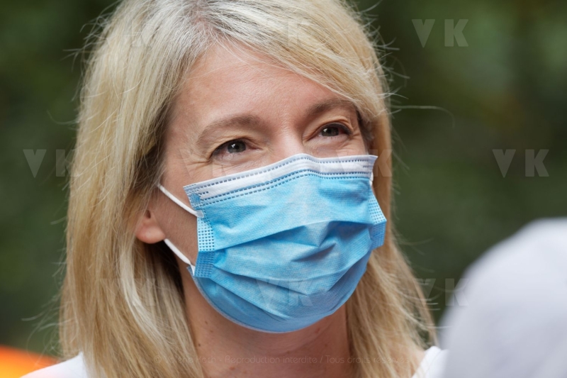 Chantier du barrage du Bras de la Plaine, avec Berangere Abba, secretaire d'Etat chargee de la biodiversite aupres de la ministre de la transition ecologique. Bras de la Plaine dam construction site, with Berangere Abba, State Secretary in charge of biodiversity with the Minister of Ecological Transition