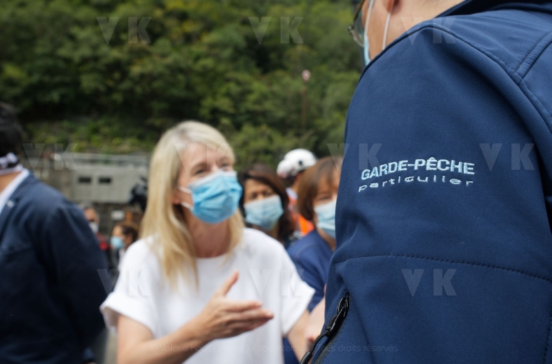 Chantier du barrage du Bras de la Plaine, avec Berangere Abba, secretaire d'Etat chargee de la biodiversite aupres de la ministre de la transition ecologique. Bras de la Plaine dam construction site, with Berangere Abba, State Secretary in charge of biodiversity with the Minister of Ecological Transition