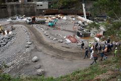 Chantier du barrage du Bras de la Plaine, avec Berangere Abba, secretaire d'Etat chargee de la biodiversite aupres de la ministre de la transition ecologique. Bras de la Plaine dam construction site, with Berangere Abba, State Secretary in charge of biodiversity with the Minister of Ecological Transition