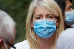 Chantier du barrage du Bras de la Plaine, avec Berangere Abba, secretaire d'Etat chargee de la biodiversite aupres de la ministre de la transition ecologique. Bras de la Plaine dam construction site, with Berangere Abba, State Secretary in charge of biodiversity with the Minister of Ecological Transition
