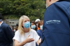 Chantier du barrage du Bras de la Plaine, avec Berangere Abba, secretaire d'Etat chargee de la biodiversite aupres de la ministre de la transition ecologique. Bras de la Plaine dam construction site, with Berangere Abba, State Secretary in charge of biodiversity with the Minister of Ecological Transition