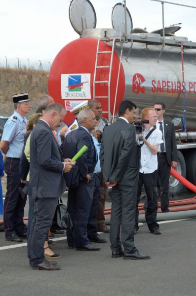 National capacity Securite Civile - Fight against forest fires at Pierrefonds Airport..Presentation of the plan to restore forests destroyed and the material (Pelicandrome, Dash8, vehicles), with Mr. Victorin Lurel, french Minister of ultramarine, and local authorities.