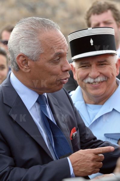 National capacity Securite Civile - Fight against forest fires at Pierrefonds Airport..Presentation of the plan to restore forests destroyed and the material (Pelicandrome, Dash8, vehicles), with Mr. Victorin Lurel, french Minister of ultramarine, and local authorities (Colonel Paris).