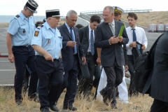 National capacity Securite Civile - Fight against forest fires at Pierrefonds Airport..Presentation of the plan to restore forests destroyed and the material (Pelicandrome, Dash8, vehicles), with Mr. Victorin Lurel, french Minister of ultramarine, and local authorities.